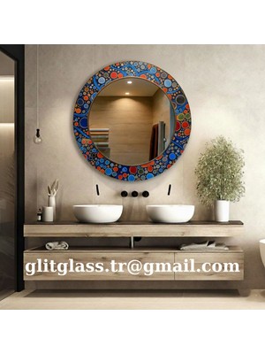Glitglass Yuvarlak Dekoratif Duvar Aynası - Renkli Geometrik Desenli Modern Banyo ve Salon Aynası