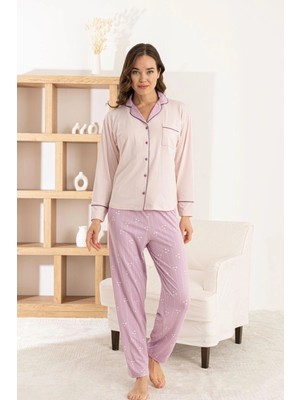 Pijamoni Kadın Milan Kumaş Önden Düğmeli Pembe Pijama Takımı