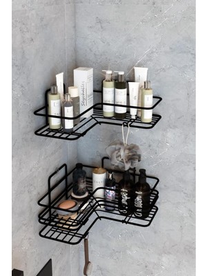 Dekozum Yapışkanlı 2’li Banyo Köşe Rafı - Siyah Metal Duş Şampuanlık Organizeri