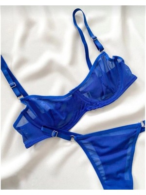 Freya Saks Mavisi Tül Detaylı Balenli Tanga Model Iç Çamaşırı Takımı