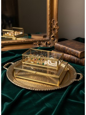 Lüks Dekoratif Cam Takı Kutusu Seti (Gold Detaylı)