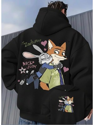 Unisex Oversize Zootopia Nick & Judy Baskılı Kapüşonlu Sweatshirt