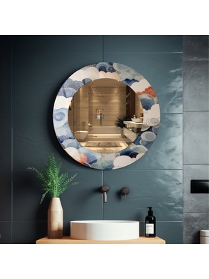Glitglass Geleneksel Bulut Desenli Modern Yuvarlak Duvar Aynası - Dekoratif Salon ve Antre Aynası