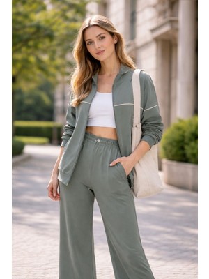 Moda Kadın 2’li Eşofman Takımı Fermuarlı Sweatshirt ve Bol Paça Alt Rahat Günlük Takım