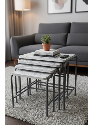 Ars Beyaz Mermer Desenli Zigon Sehpa, 4'lü Sehpa,çay Servis Sehpası