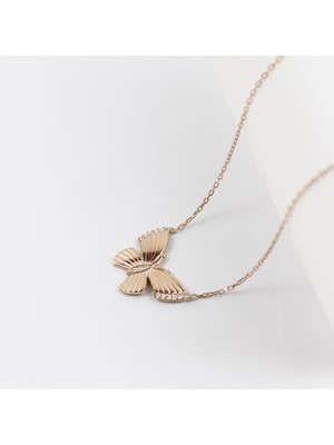 Trend Robo 925 Ayar Gümüş Rose Kelebek Kolye ve Şık Işıklı Kutu