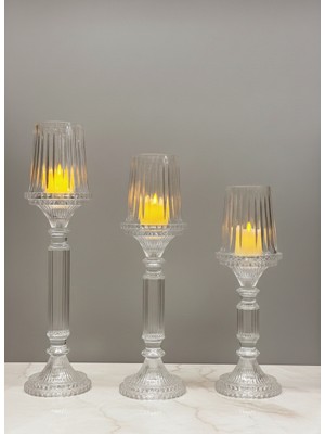 Kristal Görünümlü 3’lü Şamdan Seti - Pilli Yapay Mum Hediyeli - Dekoratif Cam Mumluk Takımı (3 Boy)