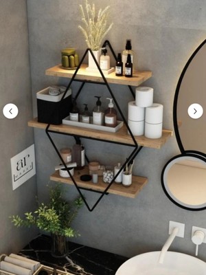 Dekozum Siyah Çam Büyük Boy Duvar Rafı, Baklava Duvar Rafı, Gold Metal Duvar Rafı, Kitaplık Duvar Rafı