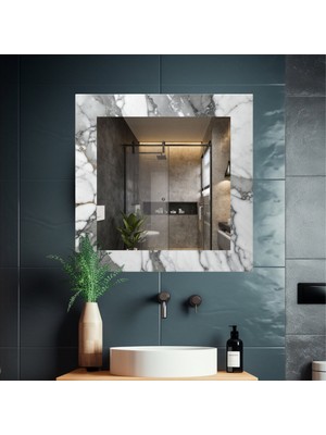 Glitglass Lüks Mermer Desenli Çerçeveli Dekoratif Cam Ayna - Modern Banyo ve Antre Aynası