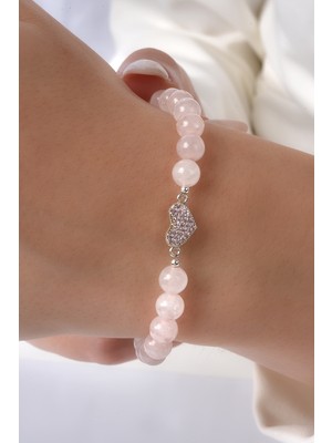 Pembe Kuvars Taşlı 925 Ayar Gümüş Kalp Özel Tasarım Bileklik