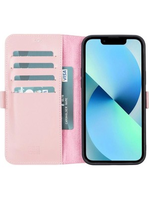Eco Lounge Apple iPhone 13 Pro Max Uyumlu Deri Cüzdanlı Kılıf Toz Pembe