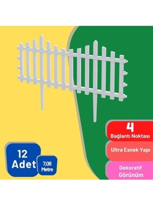 Dekozum 12 Adet 7,08 Metre Plastik Bahçe Çiti, Plastik Dekoratif Bahçe Çiti, 59 cm Bahçe Çiti, Beyaz