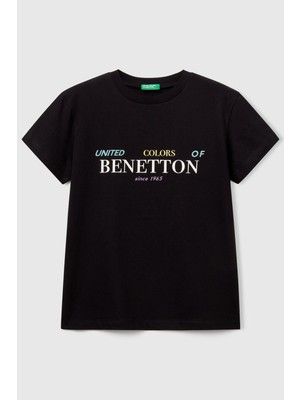 United Colors Of Benetton Siyah Erkek Ej_önü Logo Baskılı Bisiklet Yaka T-Shirt Model Kodu: ( 3I1XC10Q4100)