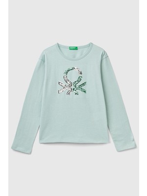 United Colors Of Benetton Su Yeşili Kadın / Kız Kj Uk_önü Pullu Logo Işlemeli Bisiklet Yaka Uzun Kollu T-Shirt Model Kodu: ( 3ATNC10L017H)