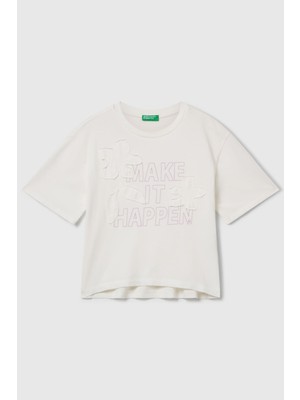 United Colors Of Benetton Beyaz Kadın / Kız Kj_önü Baskılı Aplikeli Ribana Yakalı Relaxed Fit T-Shirt Model Kodu: ( 3I1XC10QD074)