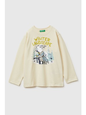 United Colors Of Benetton Ekru Erkek Ek_baskılı Bisiklet Yaka Uzun Kollu T-Shirt Model Kodu: ( 3ATNG10KU3C9)