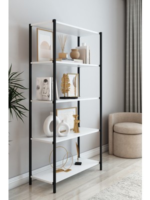 Dekozum Scarlet Metal Kitaplık 5 Raflı Çok Amaçlı Dosya Kitap Rafı Ofis Salon Mutfak Raf 150 cm Beyaz