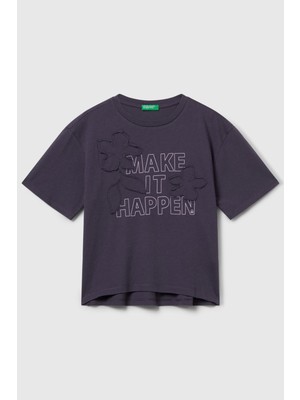 United Colors Of Benetton Koyu Gri Kadın / Kız Kj_önü Baskılı Aplikeli Ribana Yakalı Relaxed Fit T-Shirt Model Kodu: ( 3I1XC10QDKOYU Gri)