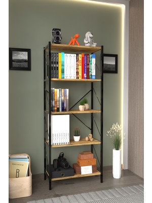 Dekozum Metal Kitaplık 5 Raflı Ofis Kitaplığı Kitap Dosya Rafı Ceviz