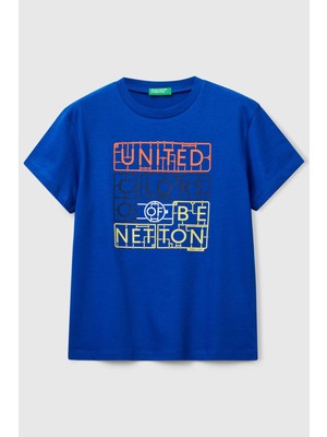 United Colors Of Benetton Saks Mavi Erkek Ej_önü Logo Baskılı Bisiklet Yaka T-Shirt Model Kodu: ( 3I1XC10Q419R)