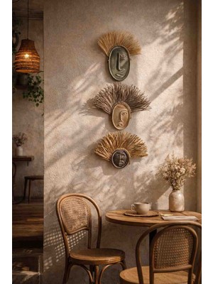 Momiko Bohem Yüzler Serisi – El Yapımı Hasır & Beton Duvar Dekoru