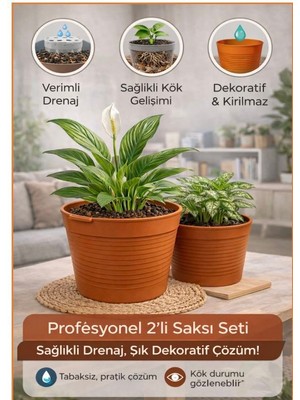 Akıllı Ikili Saksı Seti - Terracota Dekoratif Saksı + Şeffaf Üretim Saksısı | Drenajlı, Kırılmaz