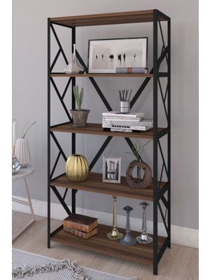 Dekozum Kahverengi Ceviz Dekoratif 5 Raflı Kitaplık 150 cm