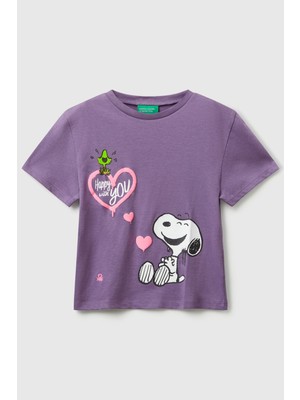 United Colors Of Benetton Mor Kadın / Kız Kk_önü Baskılı Logo Detaylı Ribana Yakalı T-Shirt Model Kodu: ( 3X1SG10JV1V4)