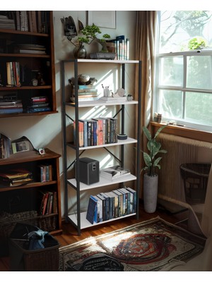 Dekozum 5 Raflı Dekoratif Metal Kitaplık Beyaz