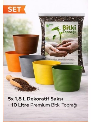 5'li 1,8 L Dekoratif Kırılmaz Saksı Seti + 10 L Premium Bitki Toprağı ( Cocopeat & Perlitli)