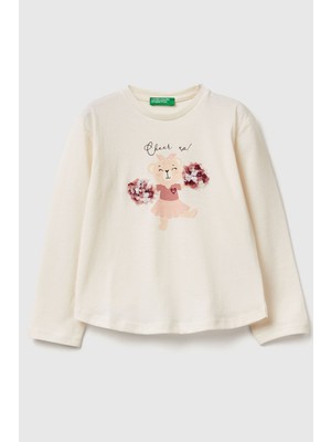 United Colors Of Benetton Ekru Kadın / Kız Kk_önü Baskılı Ribana Yakalı Uzun Kollu T-Shirt Model Kodu: ( 3I1XG10K80R2)