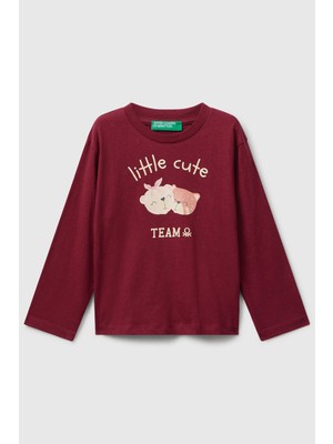 United Colors Of Benetton Mercan Kadın / Kız Kk_önü Parıltılı Baskılı Bisiklet Yaka Uzun Kollu T-Shirt Model Kodu: ( 35RYG10K7MERCAN)