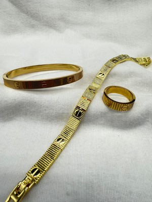 Cartier Paslanmaz Çelik Suya Dayanaklı Bilezik Yüzük Bileklik 3'lü Takı Seti