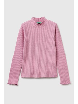 United Colors Of Benetton Pembe Kadın / Kız Kj_logo Etiketli Fırfır Detaylı Bebe Yaka Uzun Kollu T-Shirt Model Kodu: ( 381PC10RC8G9)