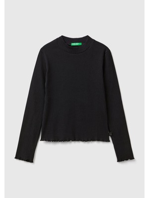 United Colors Of Benetton Siyah Kadın / Kız Kj Uk_overlok Dikiş Detaylı Yüksek Yaka Uzun Kollu T-Shirt Model Kodu: ( 3F1AC203O100)