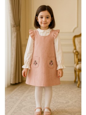 Kız Çocuk Pudra Kadife Jile Elbise (6-9 Yaş