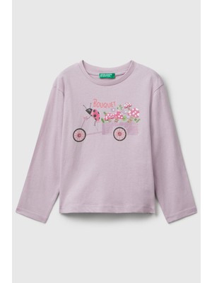 United Colors Of Benetton Lila Kadın / Kız Kk_önü Parıltılı Baskılı Bisiklet Yaka Uzun Kollu T-Shirt Model Kodu: ( 35RYG10K7LİLA)