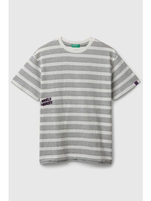 United Colors Of Benetton Mix Erkek Ej_çizgili Önü Yazı Detaylı Kolu Logo Etiketli Oversize T-Shirt Model Kodu: ( 38F1C10PU901)