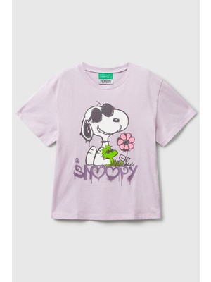 United Colors Of Benetton Lila Kadın / Kız Kk_önü Baskılı Logo Detaylı Ribana Yakalı T-Shirt Model Kodu: ( 3X1SG10JVLİLA)