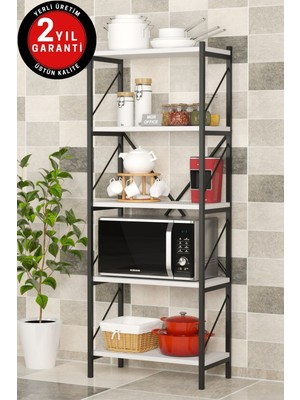 Dekozum 5 Raflı Metal Mutfak Düzenleyici Raf Metal 5 Raflı Kitaplık Mutfak Rafı Baharatlık Beyaz 150 cm