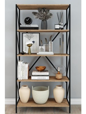 Dekozum 180 cm Dekoratif 5 Raflı Kitaplık Çok Amaçlı Raf Metal Kitaplık Kahverengi