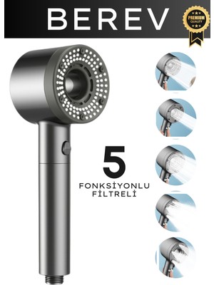 Berev 5 Fonksiyonlu Filtreli Su Tasarruflu Duş Başlığı Yuvarlak ABS Plastik Malzeme ile Modern Tasarım