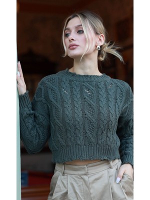 Saç Örgüsü Haki Crop Kazak