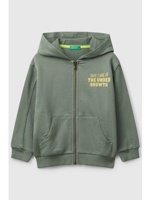 United Colors Of Benetton Haki Erkek Ek_baskılı Fermuarlı Kapüşonlu Relaxed Fit Sweatshirt Model Kodu: ( 33NVG5041075)