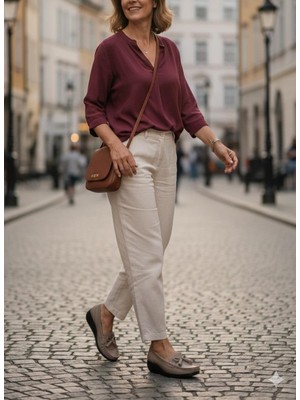 Shoemix Hakiki Deri Kadın Vizon Topuk Dikeni Destekli Comfort Dolgu Taban Loafer Ayakkabı