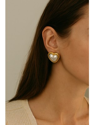 Kokoş Küpe Kalp ve Inci Detay Gold