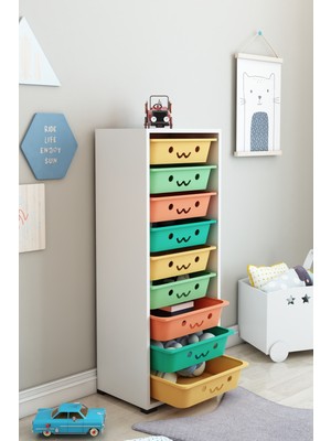 Dekozum Kids Gülen Yüzlü 9 Sepetli Dolap Oyuncak Dolabı Çok Amaçlı Mutfak Banyo Kiler Dolabı Beyaz Çokrenkl