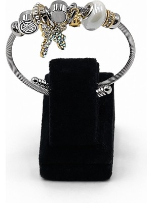 Pangu Kurdele Detaylı Gümüş Renk Çelik Charm Bileklik