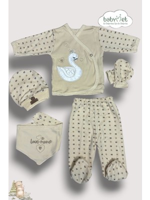 Babymet %100 Organik Pamuk 5 Parça Yenidoğan Hastane Çıkış Seti – Kuğu Nakışlı Doğal