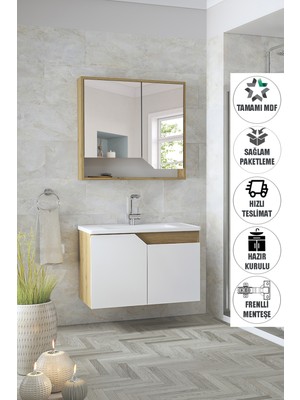 Alfa Banyo Delta Safir 80 cm Komple Mdf, Lavabolu Banyo Dolabı Seti-Hazır Kurulu